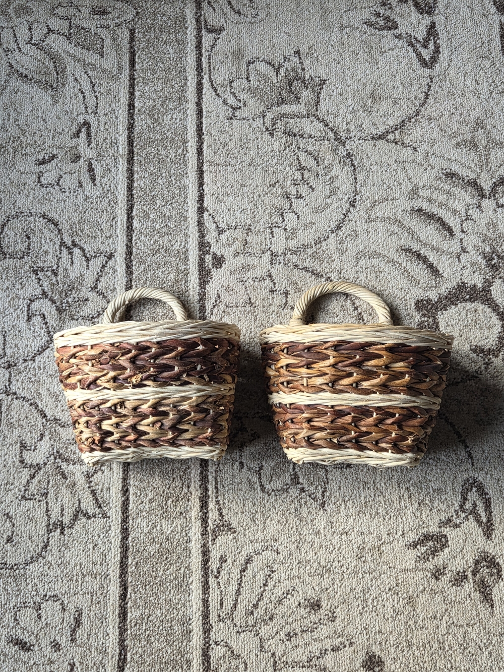 Woven Two-Tone Handled Wall Baskets - Set of 2.